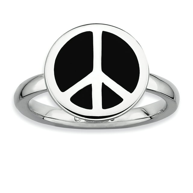 SS Stackable Expressions Polished Black Enameled Peace Sign Ring Size 6