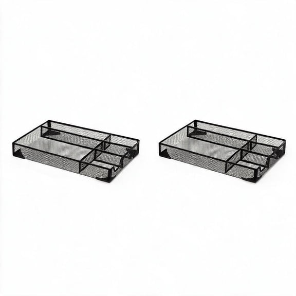2 Pcs Metal Mesh Multi-Compartment Desk Organizer, 12.20" 5-Grid Stationery Tray, Office Desktop Storage Holder