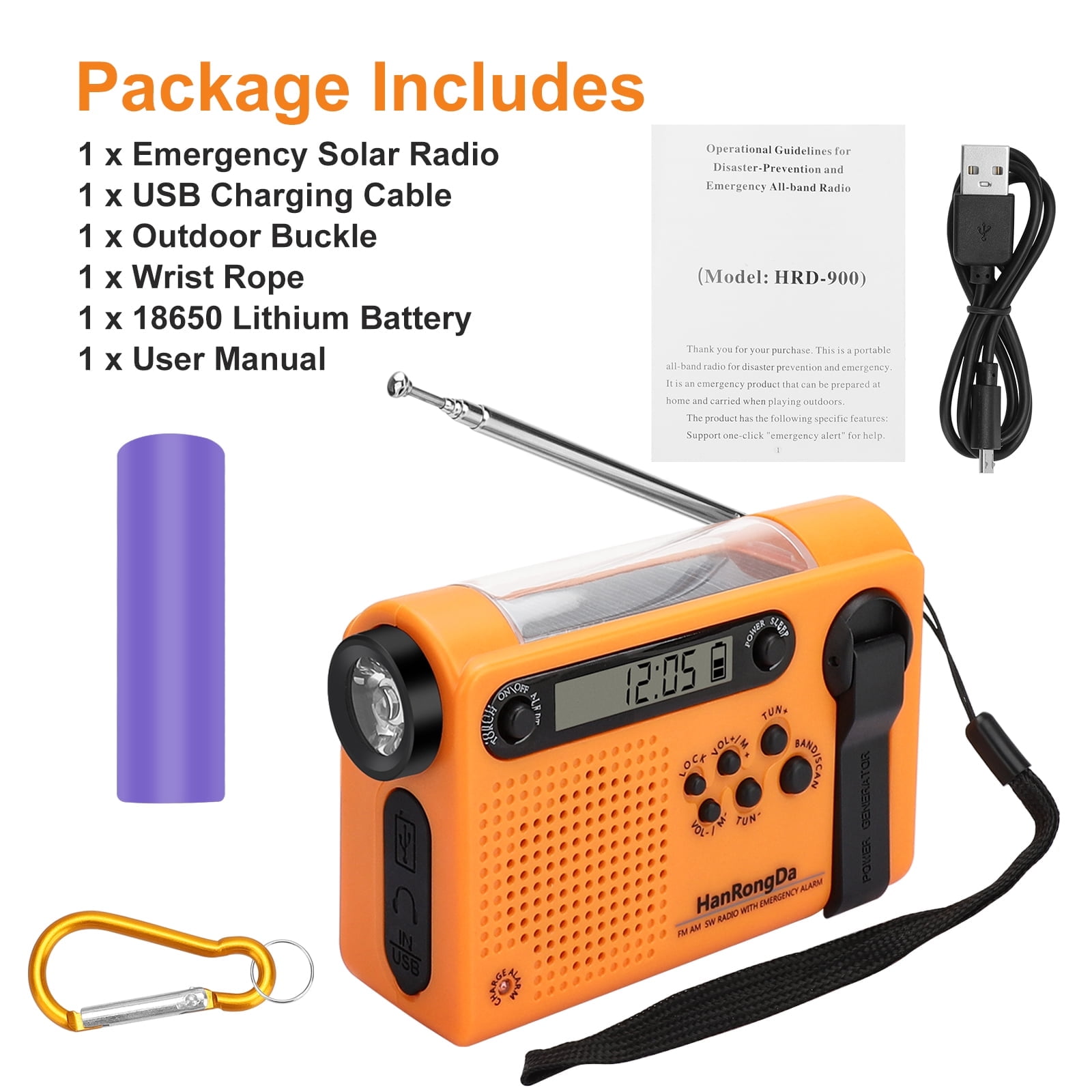 NOAA Weather Radio, AM FM WB Portable Hand Crank Solar Emergency Radio with SOS Alarm, LED Flashlight, LCD Display, Cell Phone Charger for Camping Hiking Traveling