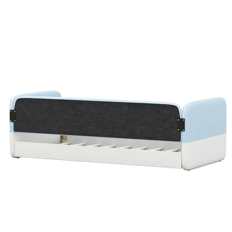 Twin Size Kids Low Profile Platform Floor Bed with Headboard and Armrests, Velvet Upholstered Child Daybed Frame with Guardrail