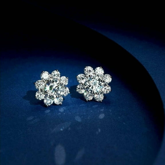 2Ct Round Cut Lab-Created Diamond Flower Earrings Stud 14K White Gold Plated
