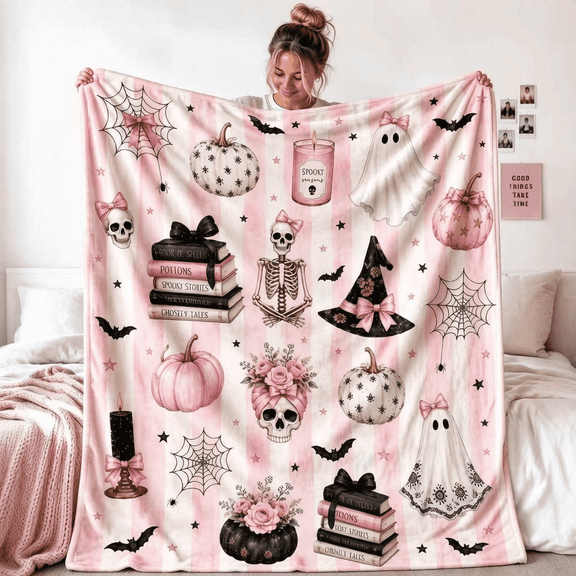 Pink Halloween Throw Blanket, Cute Spooky Ghost Skeleton Pumpkin Pattern, Soft Flannel Fleece Cozy Blanket for Bed Sofa Couch Home Halloween Decor