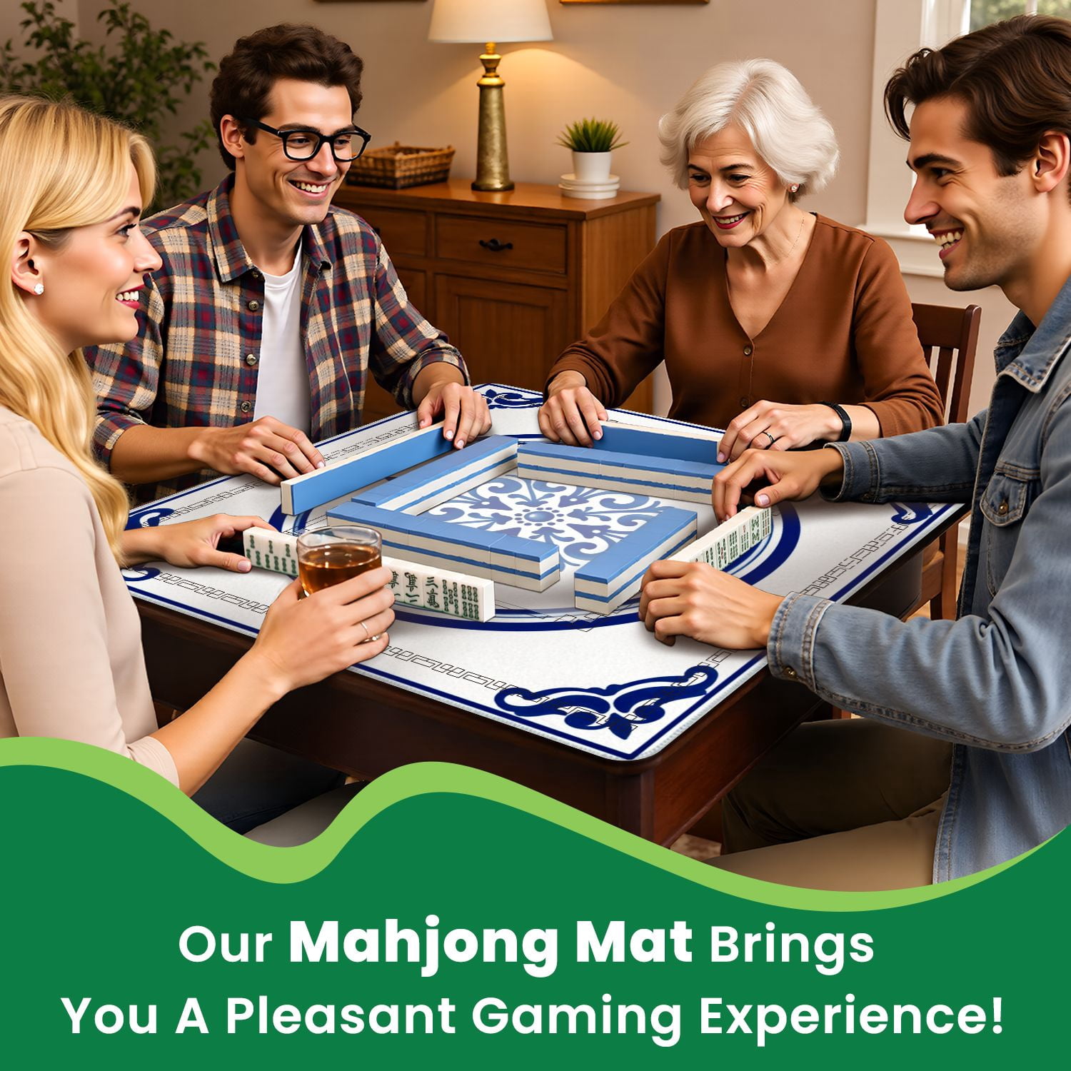 Mahjong Mat 31.5" x 31.5" Blue White Ornamental Tile Design Floral Non-Slip Noise Reduction American Mahjong Tiles Table Cover for Dominoes Poker Card Board Games Gift