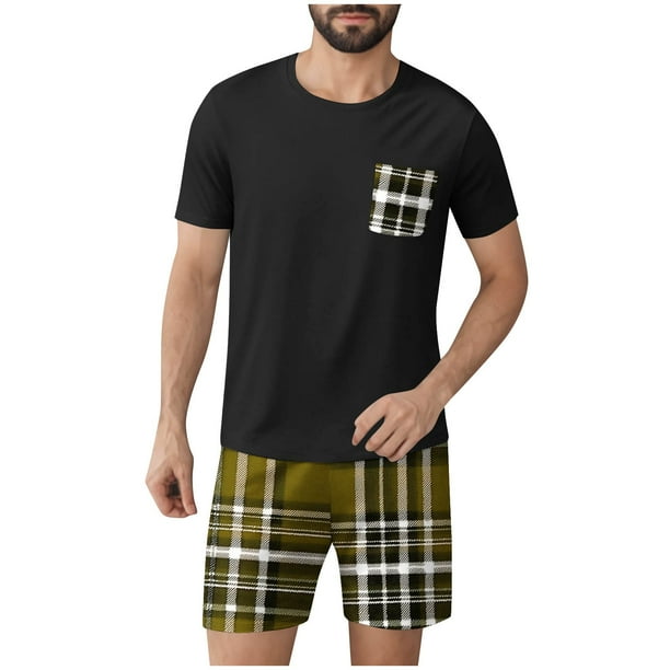 Mangas de Mano para Hombres Plaid Casual Home Sleepwear Manga Corta Cuello Redondo Top Y Pantalones Cortos Set, Algodón Poliéster Sala de Desgaste