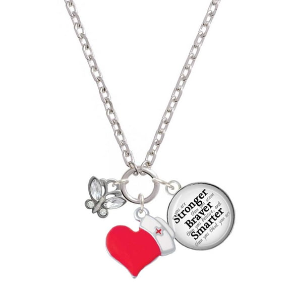 Delight Jewelry Silvertone Mini Butterfly with Clear Wings & Crystals - Red Heart Nurse Strong Zoe Necklace