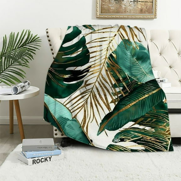 JRXY Green Gold Throw Blanket Tropical Palm Leaf Ultra Soft Warm Blanket Lightweight Plush Fuzzy Throw Blanket for Couch Sofa Christmas Decorations (Leaf, Throw) White