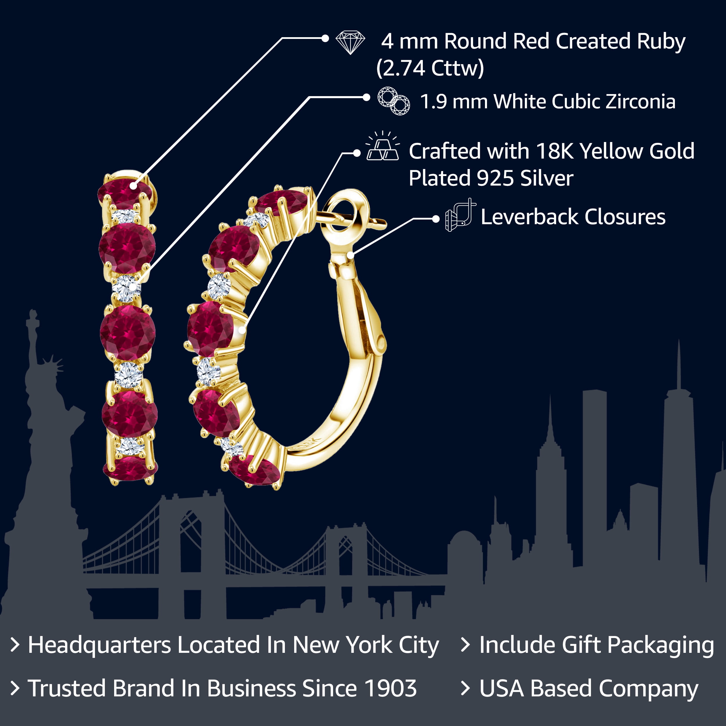 Gem Stone King 18K Yellow Gold Plated Silver Red Created Ruby and White Zirconia Hoop Earrings for Women (2.74 Cttw, Round 4MM and 1.9MM, 1 inch Diameter)