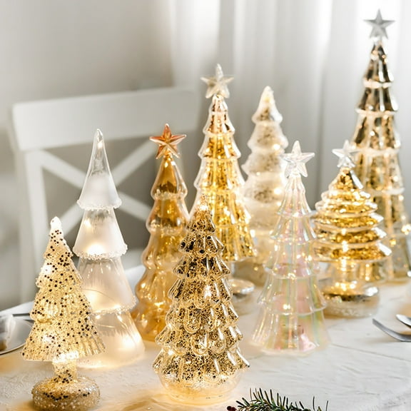 Glass Christmas Tree Figurine Tabletop Tree Ornament with LED Lights Holiday Decor Light Up Tree Cone for Home Office Parties Table Centerpiece