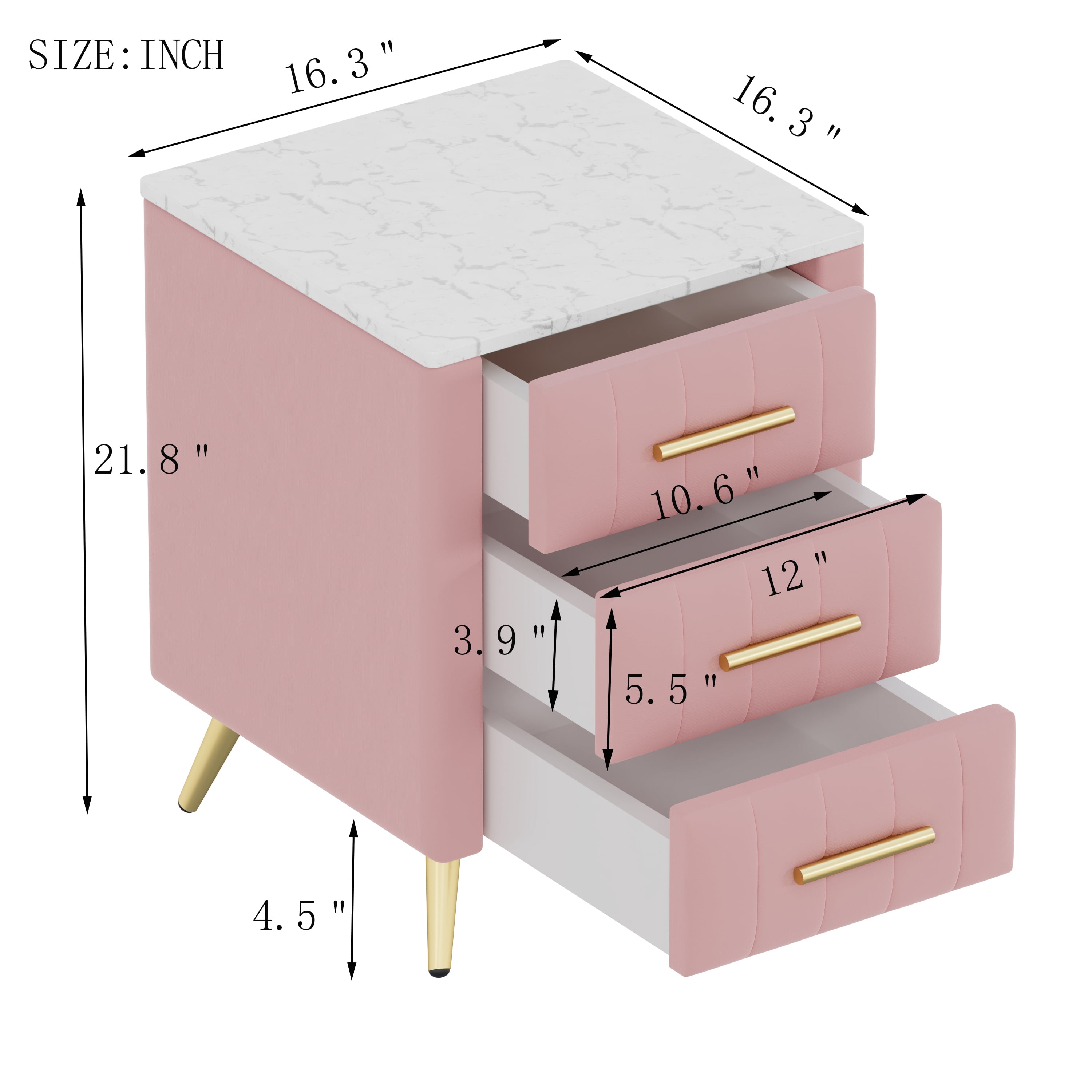 Aukfa Upholstered 3-Drawer Nightstand with Marble Top, Velvet Bedside Table for Bedroom/Living Room,Pink