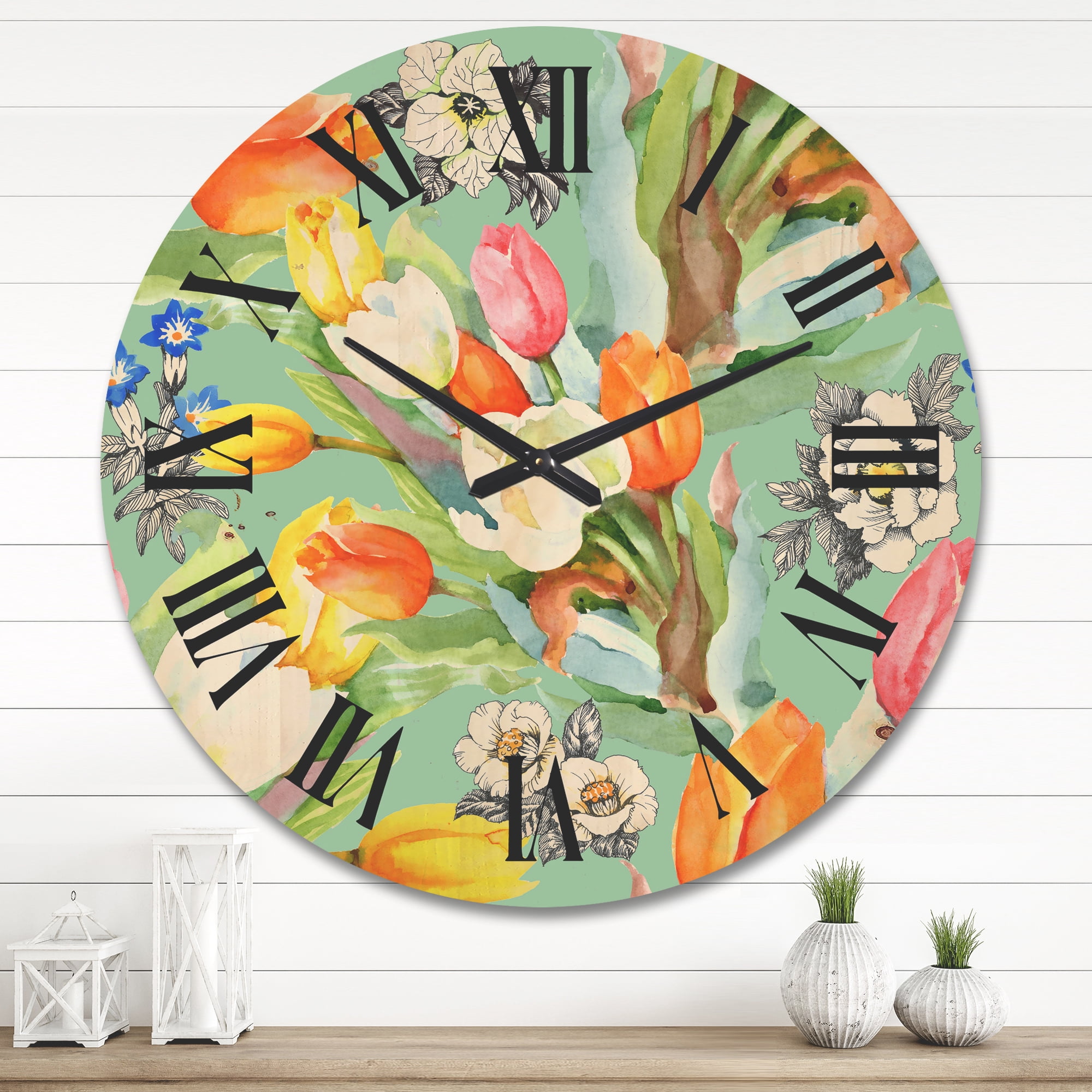 Designart 'Blooming Orange and White Tulips II' Traditional Wood Wall Clock