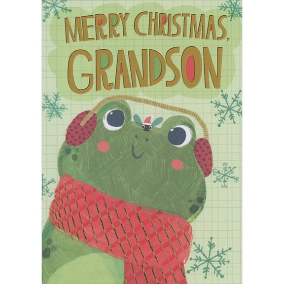 Designer Greetings Cute Frog Wearing Earmuffs and Red and Gold Scarf on Light Green Grid Pattern Juvenile Christmas Card for Grandson
