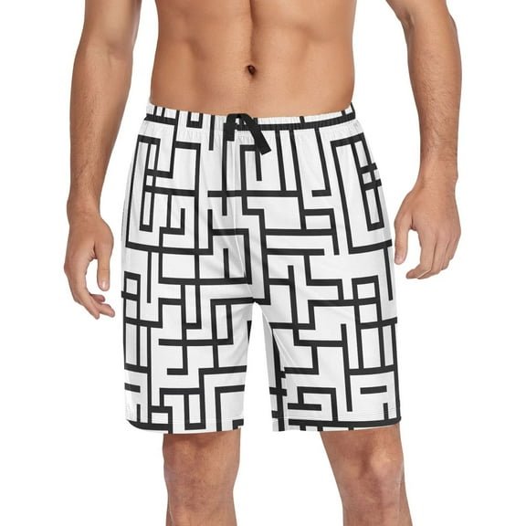 Men's Pajama Shorts Bottoms with Pockets Soft Lightweight Lounge Sleep Wear Line Maze