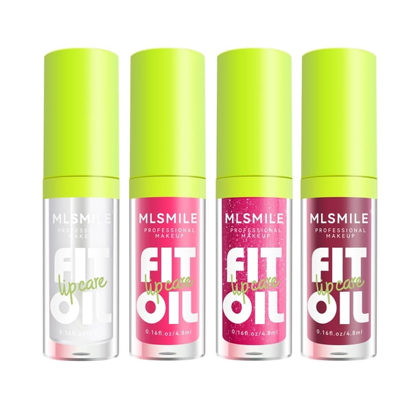 MLSMILE Juego de 4 colores de esmalte de labios con aceite para labios, brillo teñido, brillo de labios, aceite para rellenar, labios hidratantes y nutritivos, juego de cuidado de labios fresco y suav