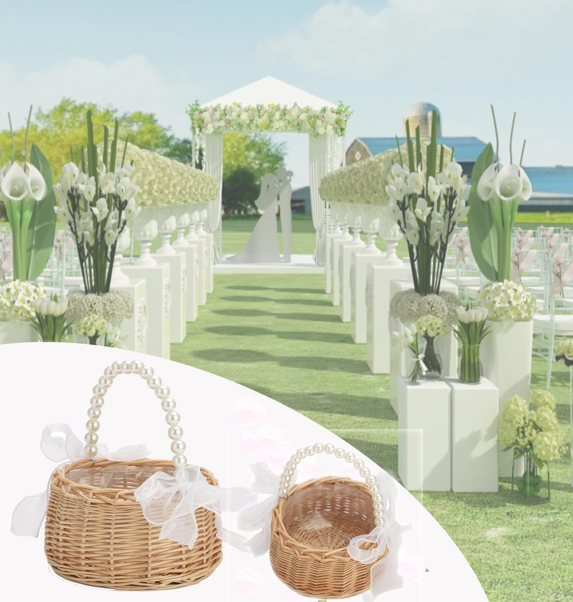 2Pcs Flower Girl Basket, Wedding Flower Girl Basket with Pearl Handle and Bows Fairy Flower Basket Rattan Basket for Weddings Bridal Anniversary Party Decor