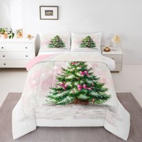 Homewish Green Xmas Tree Queen Comforter Set, Christmas Ribbon Snowflake Bedding Sets, Teens Kids Boys Girls Reversible Bedding Comforter Set, Ultra Soft Bedroom Decor, 3 Pieces