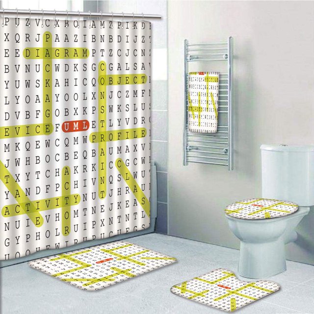 EREHome Word Search Puzzle Unifié de Langage de Modélisation avec Mots-Clés High ed 5 Pièce Salle de Bain Ensemble Douche Rideau Serviette de Bain Tapis de Bain Contour Tapis et Couverture de Couvercle de Toilette