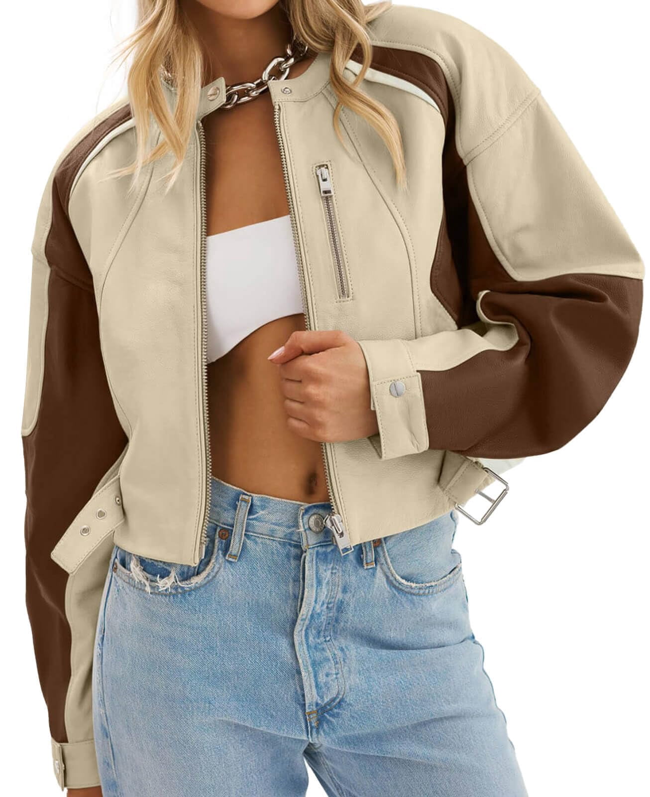 Womens Faux Leather Bomber Jackets Cropped Zip Up Color Block Fall Casual Moto Biker Coats