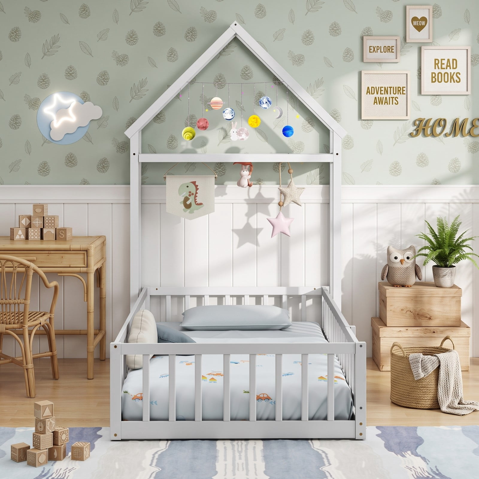 Furnibear Full Size House Floor Bed with House-Shaped Frame and Full-Length Fence Guardrails, Montessori Floor Bed for Kids Room, White