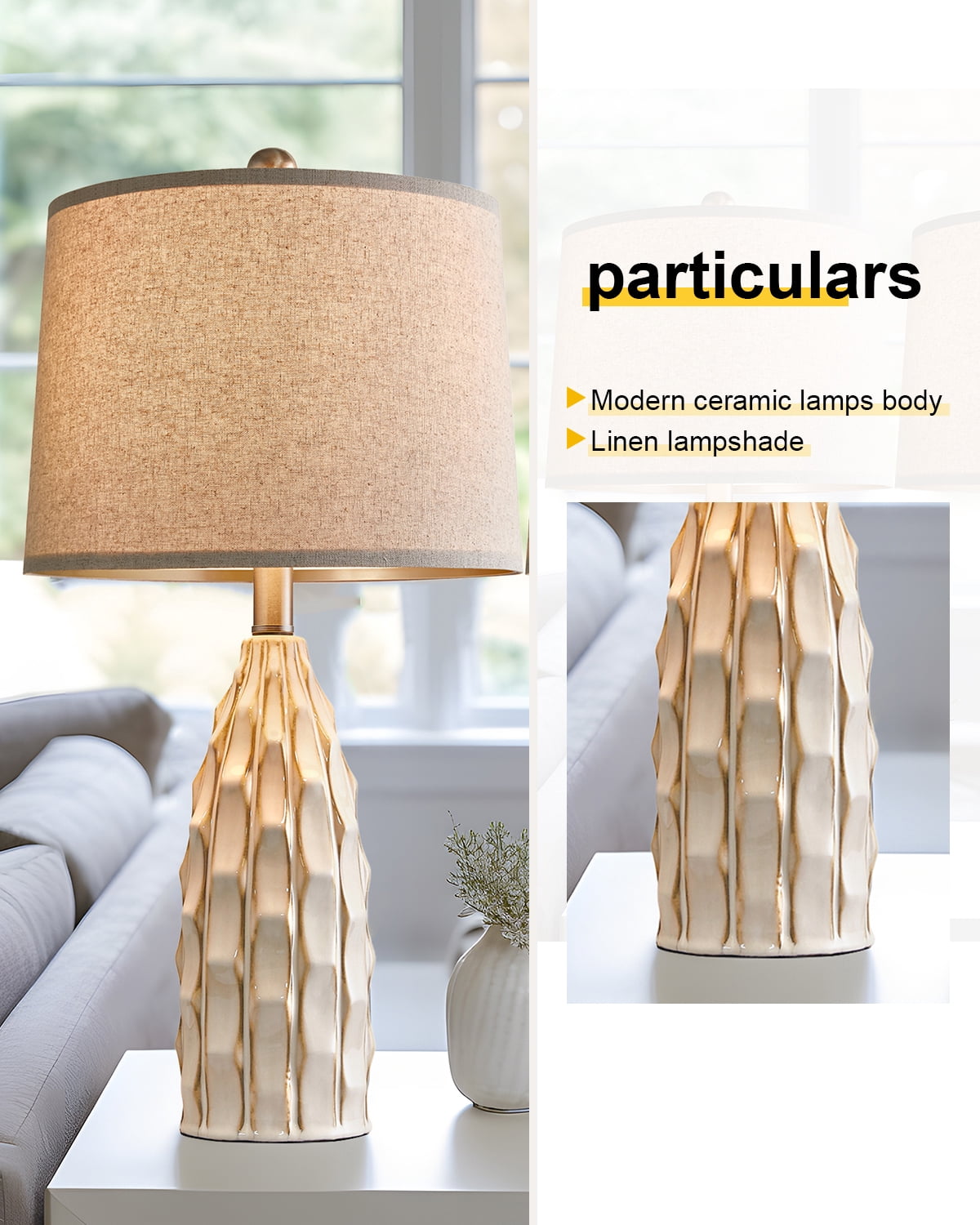 Oneach Ceramic Table Lamps Set of 2 for Living Room Bedroom 23.75" Modern Bedside Nightstand Lamps
