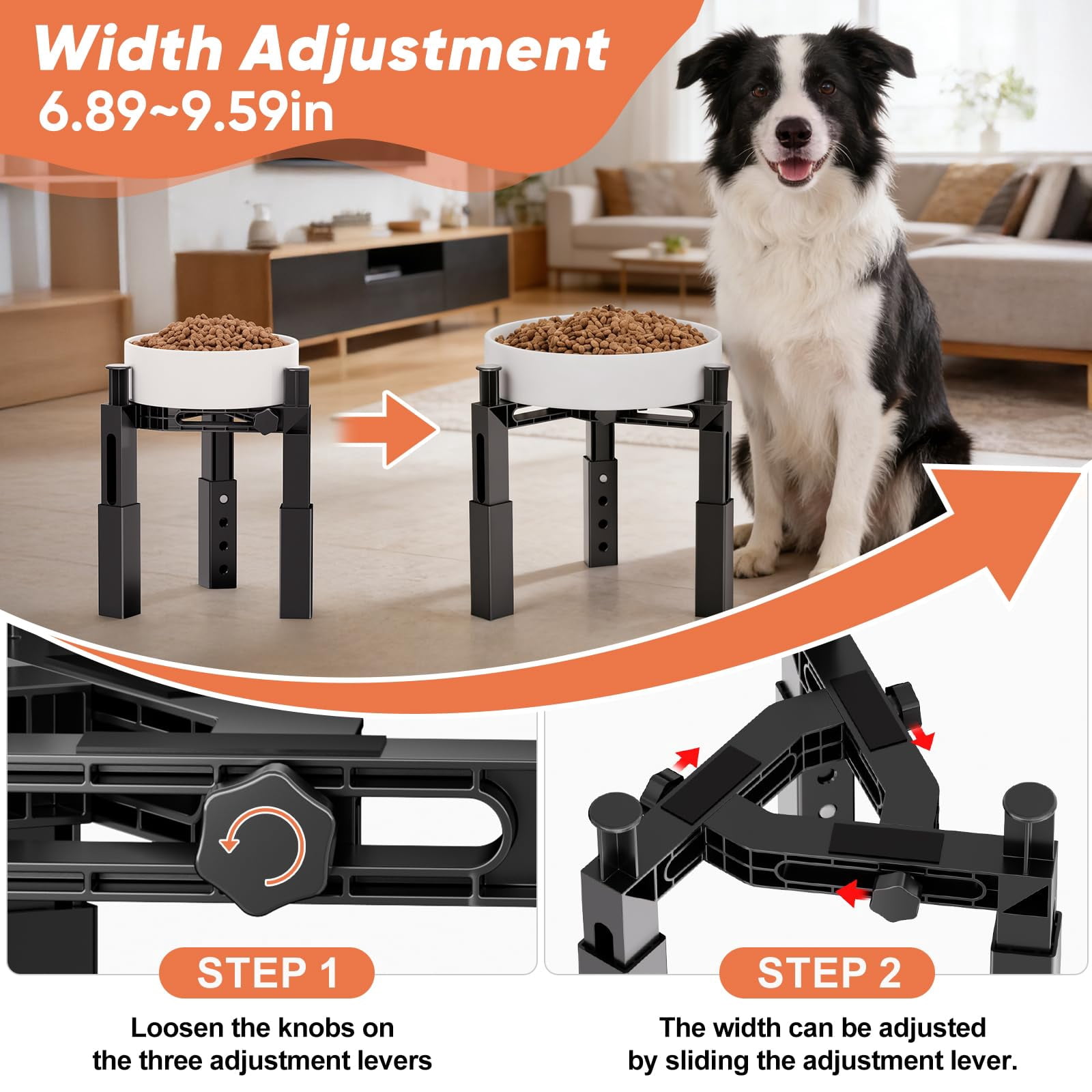 Adjustable dog bowl stand w/ non-slip base fits all bowl types (steel/ceramic/plastic). Promotes digestion & joint health. For S/M/L dogs. Black