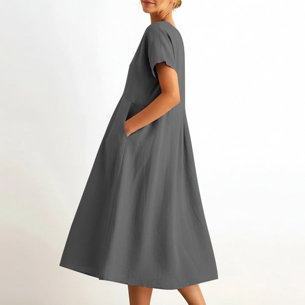 linen dress short sleeve midi Ivy Linen Short Sleeve Midi Dress in PURE BLACK