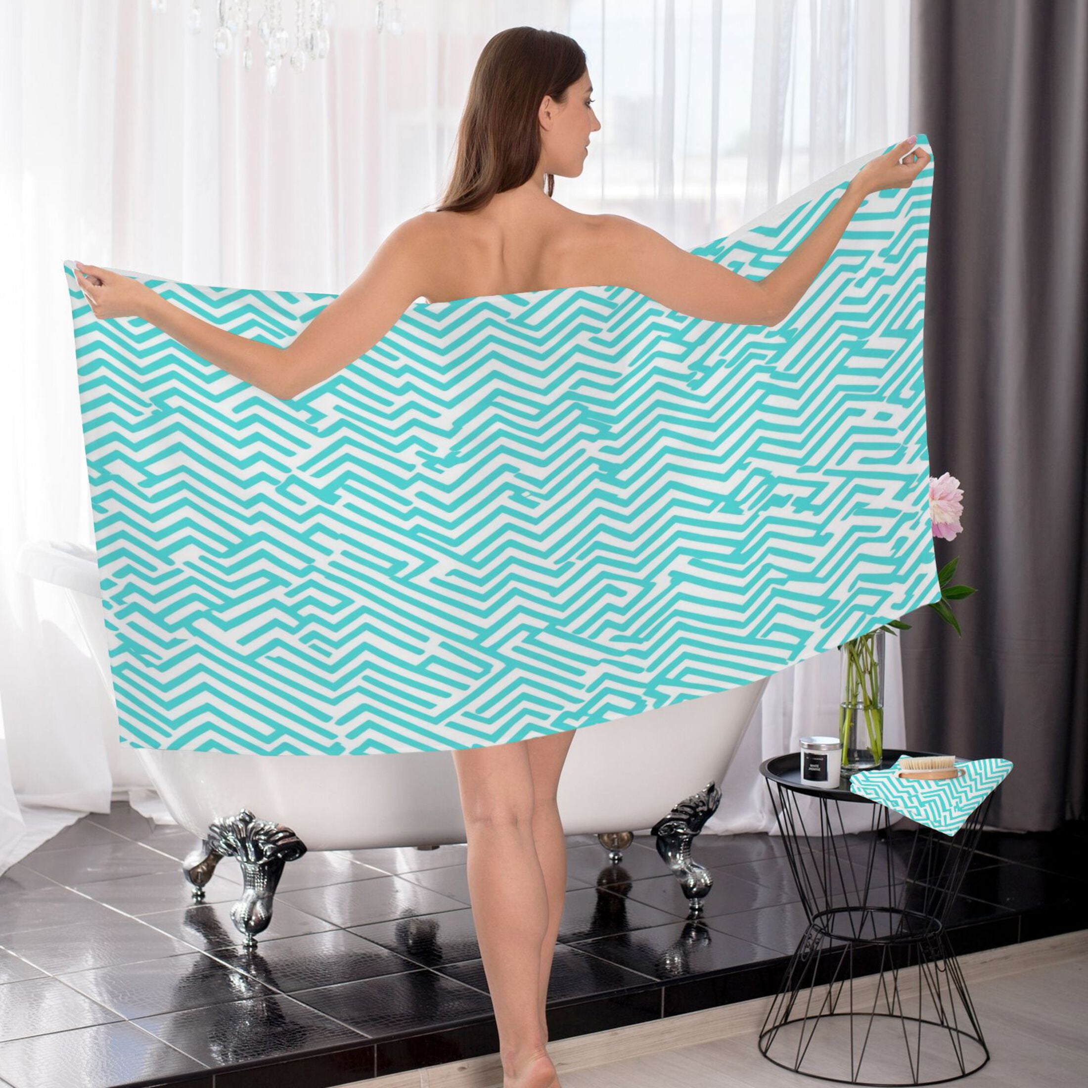 Blue Stripe Pattern 2 Piece Cotton Bath and Face Towel Set Soft and Absorbent, for Beach Pool Bathroom