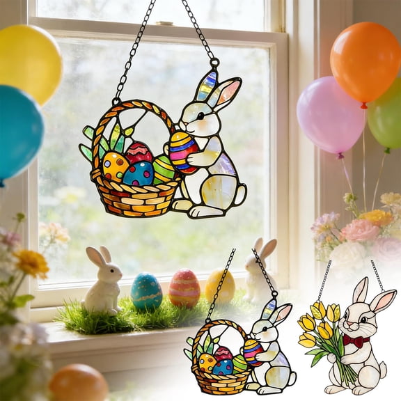 Easter Bunny Suncatcher, Acrylic Stained Glass Window Hanging with Random Chain, Bunny Holding Flowers Design for Indoor Home and Easter Decor, Perfect Gift, Adds Colorful Light Effects, 8in, A