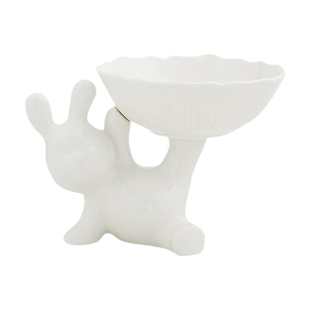 Estatua de conejo con bandeja, escultura decorativa, adorno artesanal, bonita decoración para el hogar. Blanco