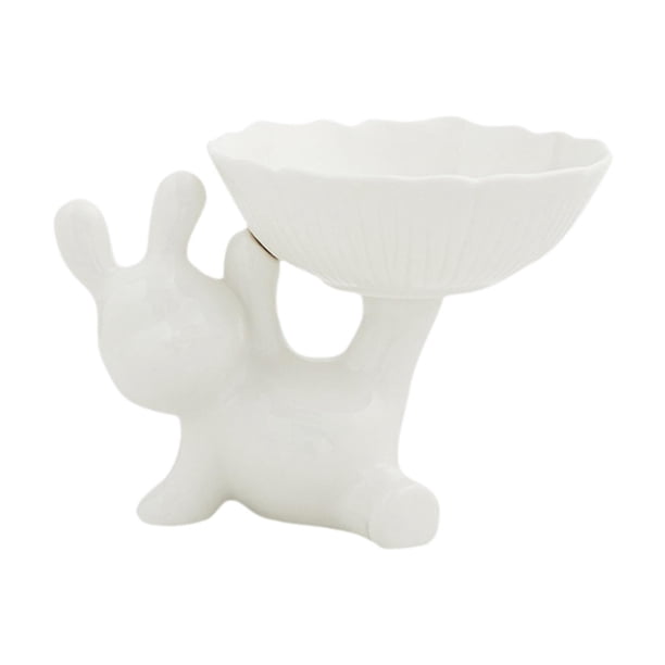 Estatua de conejo con bandeja, figura de cerámica coleccionable, decoración para la entrada. Blanco