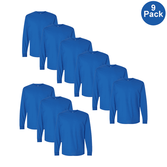 Gildan Men Heavy Cotton Long Sleeve T-Shirt, Comfortable Crew Neck Royal Color Bulk Tee, S, 9 Pack