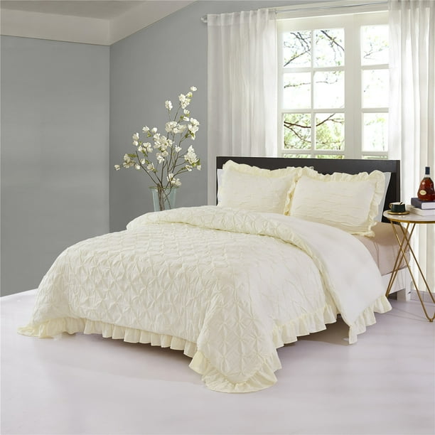 3 Piece Pinch Pleated Ivory Comforter Set Queen Pintuck Ruffled