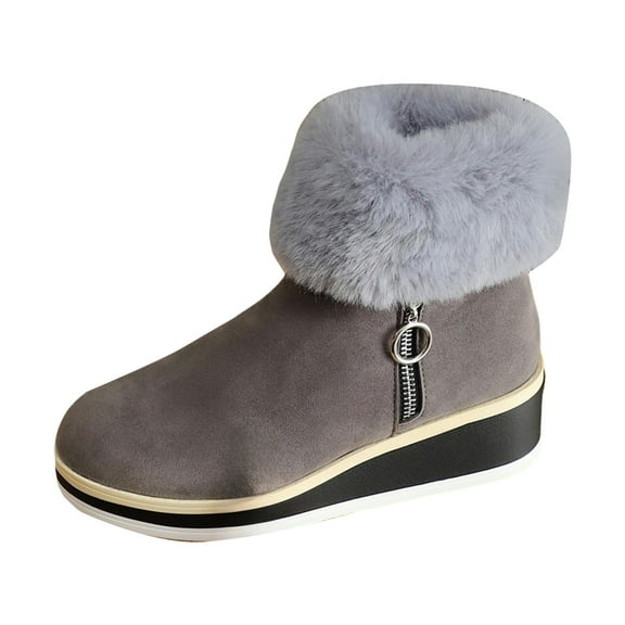Women's Wedge Platform Fluffy Ankle Boots Vintage Suede Mid Calf Winter Booties Comfortable Non Slip Dress Boots Gray Size 40