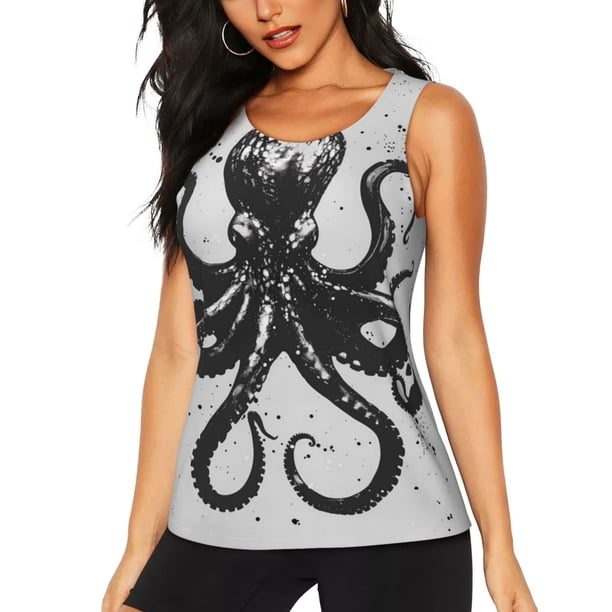 Fotbe Abstract Ink Octopus Blusas Sin Mangas para Mujer – Estilo Casual, Corte Suelto, Slim-Fit, Cuello Redondo Deportivo, Tops de Verano para Gimnasio y Yoga-X-Large