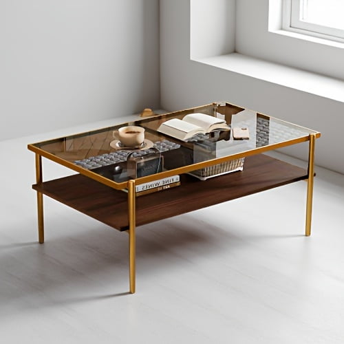 Rectangle Coffee Table with Gray Tempered Glass top and Golden Legs, Modern Table for Living Room