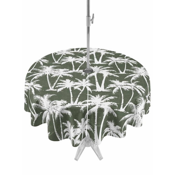Outdoor Tablecloth with Umbrella Hole for Patio/Picnic/Party/Camping, Dark Green Palm Tree Summer Waterproof Table Cloth Round Cover Washable, Beach Tropical Botanical (Dia 60")