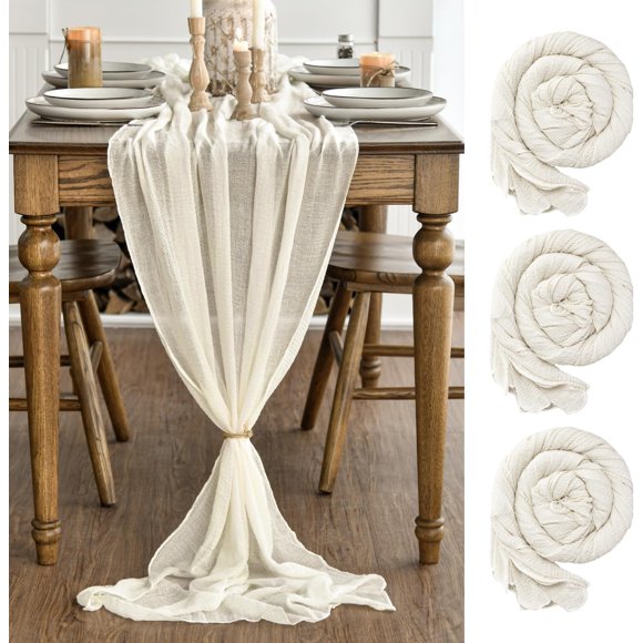 Artoid Mode Boho Beige Gaze 3 Pcs Chemin de Table de Mariage, 300 cm Tissu d'Anniversaire Cuisine Salle à Manger Décoration de Table des Fêtes pour Maison Fête Intérieur