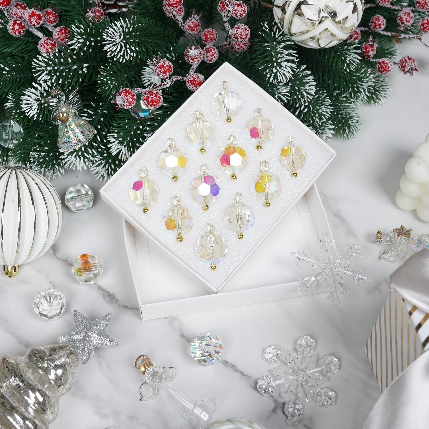 12 Pcs Christmas Crystal Ball Ornaments,Mini Colorful Glass Prism Balls,Hanging Crystal Balls for Xmas Tree Decorations,Crystal Ornament Balls for Christmas Wedding Party Decor,White