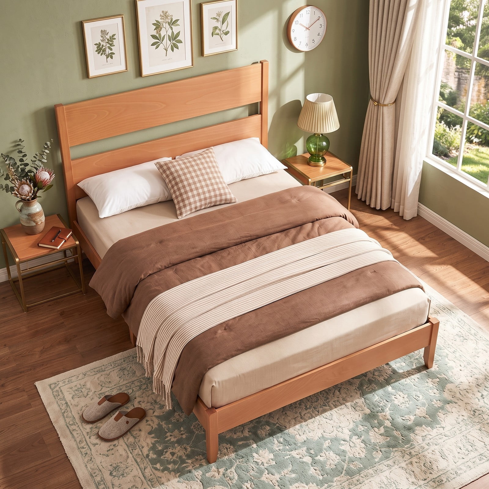Furnibear Full Size Bed Frame Wood Platform Bed with Panel Headboard, Solid Wood Legs and 12 Slats for Bedroom, Warm Brown