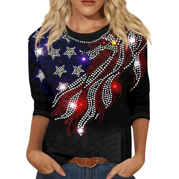 CIENVNSTG USA 250 Shirt Anniversary USA Shirt Women 250th Celebration Flag Print 1776-2026 Tshirt 3/4 Sleeve Shirts for Women Black 2XL
