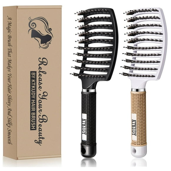 Detangling Brush Boar Bristles Set KTKUDY Hair Brush Curved and Vented Detangler Brush for Women Men Kids Wet and Dry Hair (Black&White)