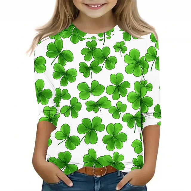 FAIWAD T-Shirts Tendance pour Garçons et Filles, Manches 3/4, Imprimé Trèfle, Chandail Unisexe, Col Rond Mignon