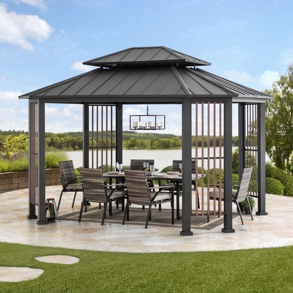 Sunjoy 11 x 13 ft. Hardtop Gazebo Outdoor 2-Tier Steel Hardtop Metal Gazebo with Dual Rails and Ceiling Hook, Suitable for Patio & Backyard, Grey