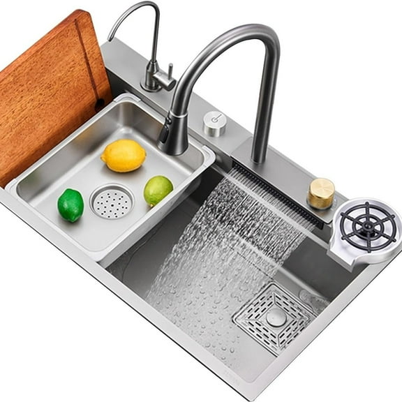 Bronstarz 31.5 INCH Nano Gunmetal Gray Flying Rain Stainless Steel Watefall Kitchen Sink Single Bowl w Pull Down Faucet