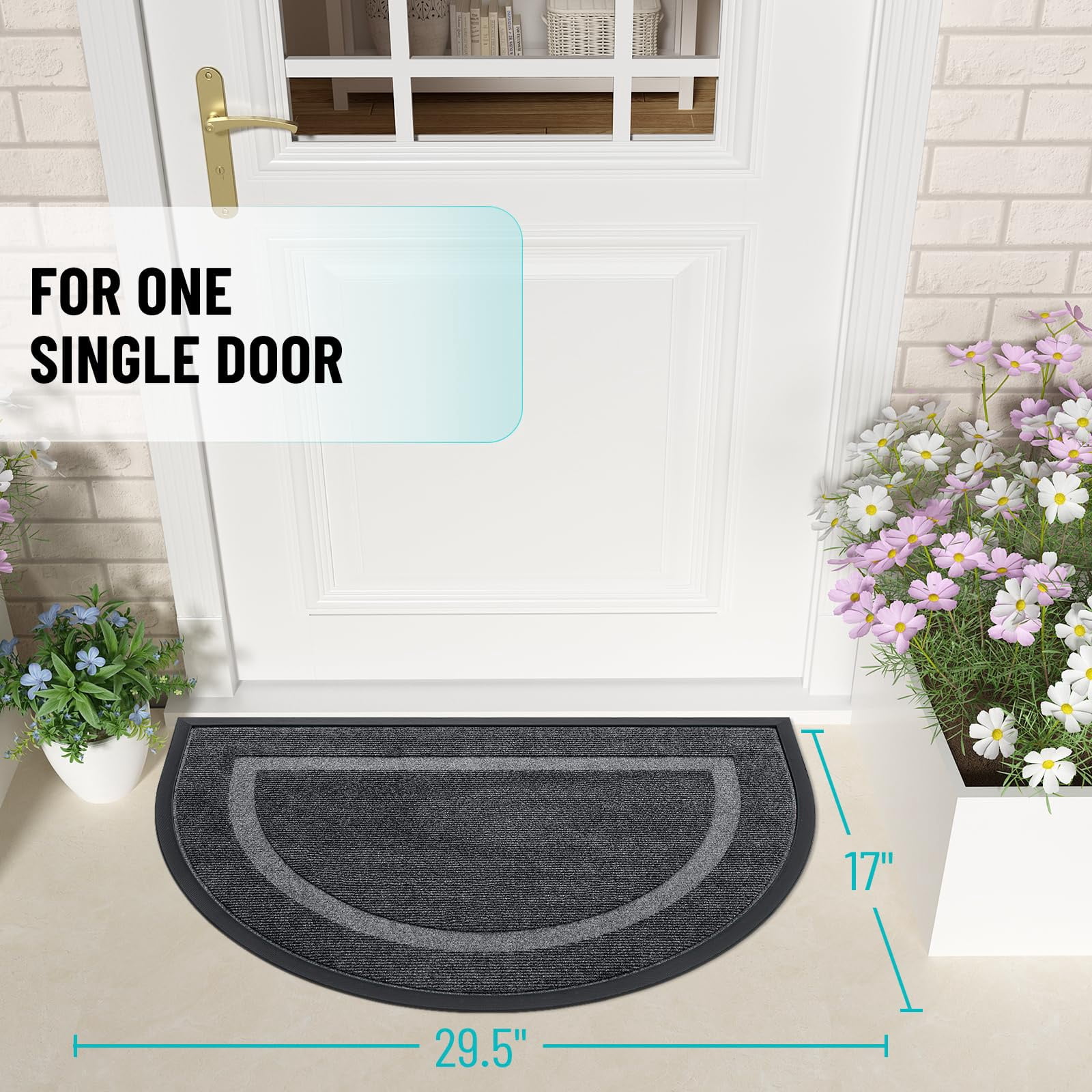 Buganda Half Round Door Mat, Heavy Duty Rubber Entrance Mat, Low Profile Dirt Trapper Doormat Outside, 29.5" x 17", Grey