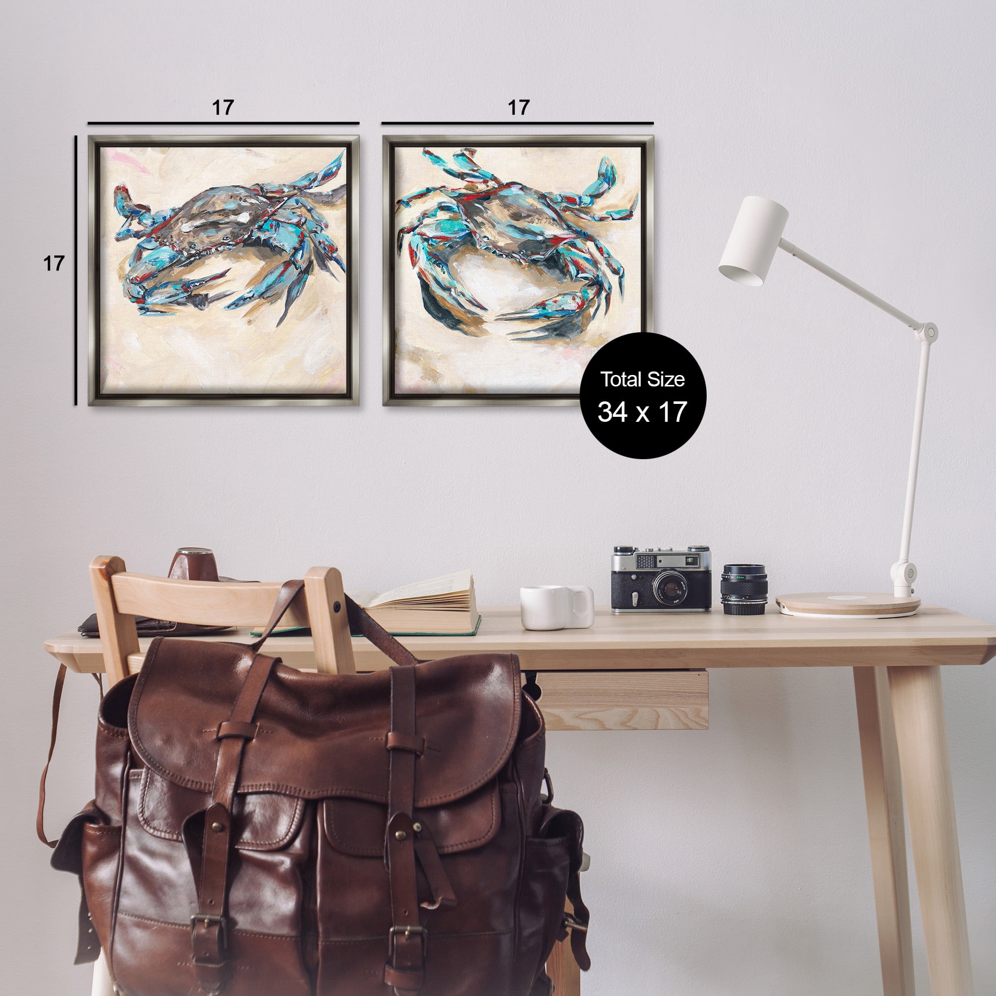 Stupell Industries Blue Crabs on Sand Animals & Insects Painting Gray Floater Framed Canvas Art Print Wall Art, 18 x 18, Set of 2