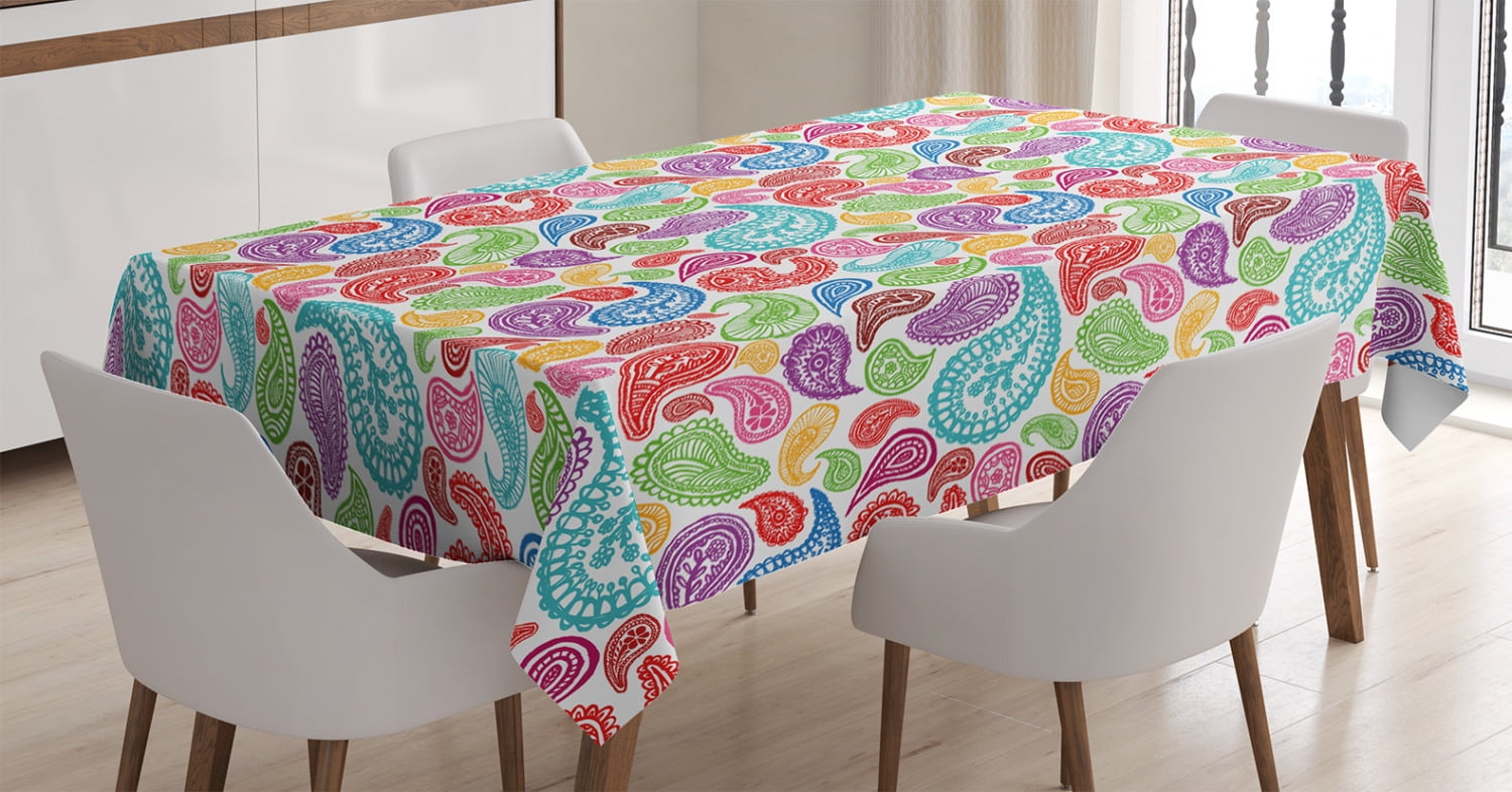 Paisley Decor Tablecloth, Modern Teardrop Shaped Striped Oriental