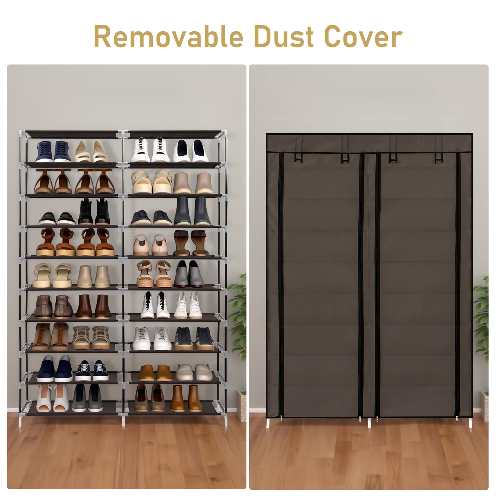 Ktaxon Shoe Rack Storage Organizer, 10 Tiers Double Row Portable Nonwoven Fabric Cover Shoe Rack Holds up to 40 Pairs, Coffee
