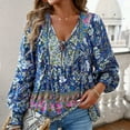 thumbnail image 3 of Defitshape Women's V Neck Floral Blouse Boho Top Long Sleeve Fall Lantern Sleeve Bohemian Soft Summer Holiday Fashion Shirt Navy Medium, 3 of 4