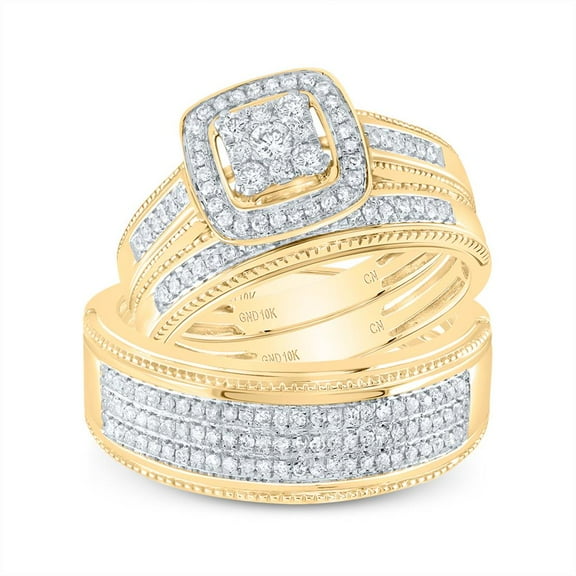 10K Yellow Gold Round Diamond Square Matching Wedding Ring Set 0.6cttw