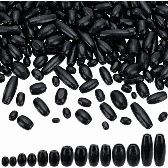 PH 350pcs 7 Sizes Oval Wood Beads Black Barrel Wooden Beads Macrame Beads Hair Braid Beads Wood Spacer Loose Beads for Bracelet Jewelry Making DIY Crafts Home Decor 4/5/6/7/8/10mm Black